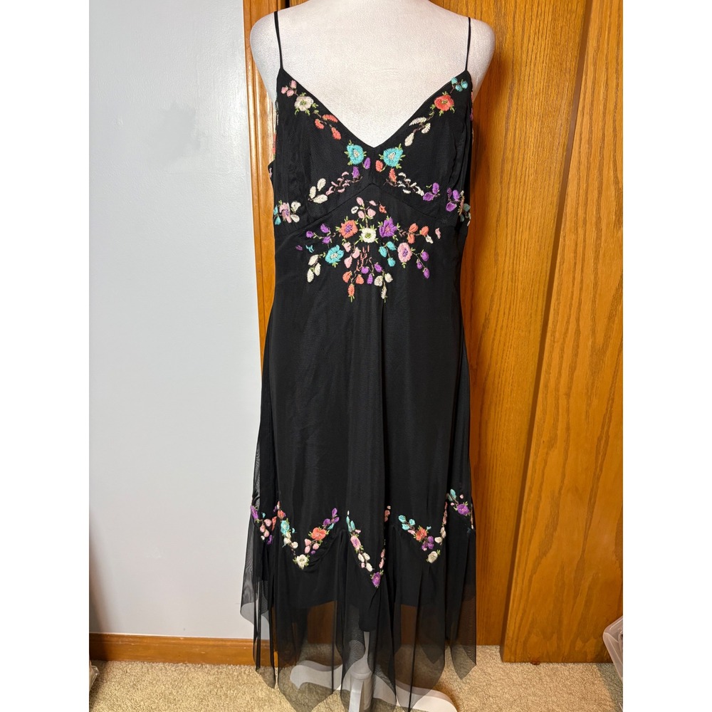 Vision Apparel Y2K Black Floral Embroidered Mesh Midi Dress whimsygoth size 10